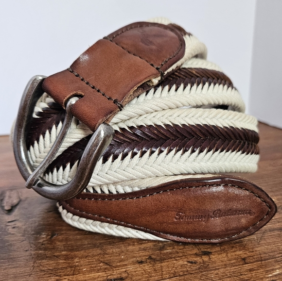 Tommy Bahama Brown Leather and Cream Cord Woven Belt Mens L 38-40 - Picture 1 of 10